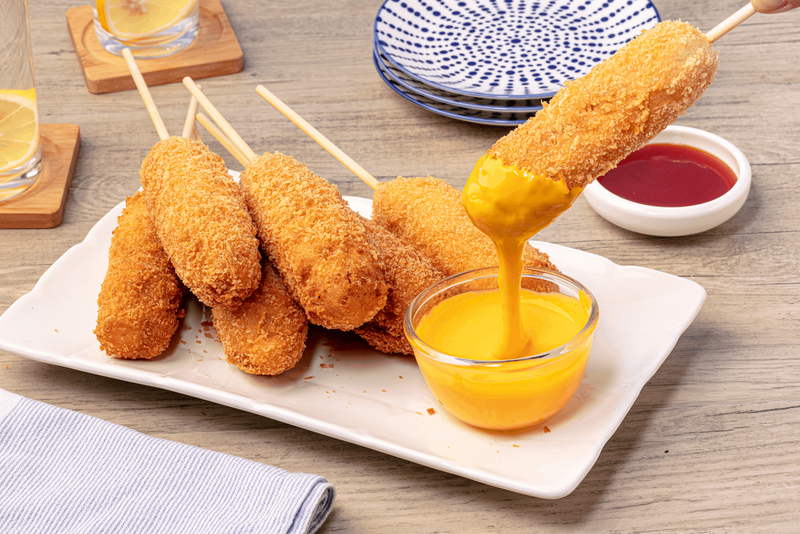 Korean-Style Corn Dogs with Creamy Cheese Sauce