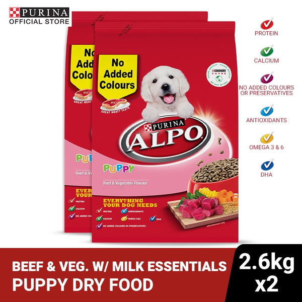 ALPO Beef & Vegetables with Milk Essentials Puppy Dry Dog Food - 2.6Kg x2