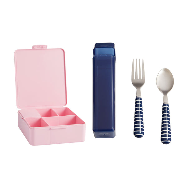 [NOT FOR SALE] Square Light Pink Bento Box + Utensils with Carrying Set Navy