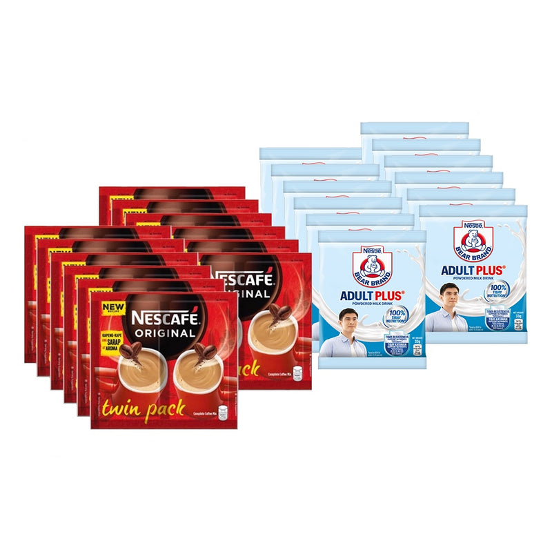 NESCAFE Original 3-in-1 Coffee Twin Pack 56g - Pack of 12 + BEAR BRAND Adult Plus 33g - Pack of 12