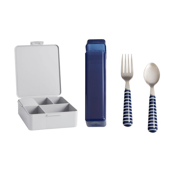 [NOT FOR SALE] Square Gray Bento Box + Utensils with Carrying Set Navy