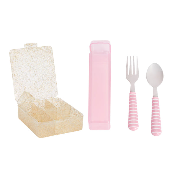 [NOT FOR SALE] Gold Glitter Bento Box + Utensils with Carrying Case Light Pink