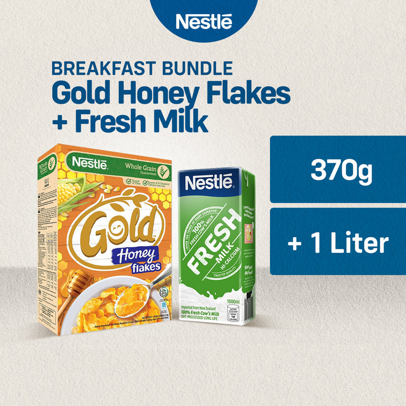 GOLD Honey Flakes Breakfast Cereal 370g and NESTLE Fresh Milk 1L