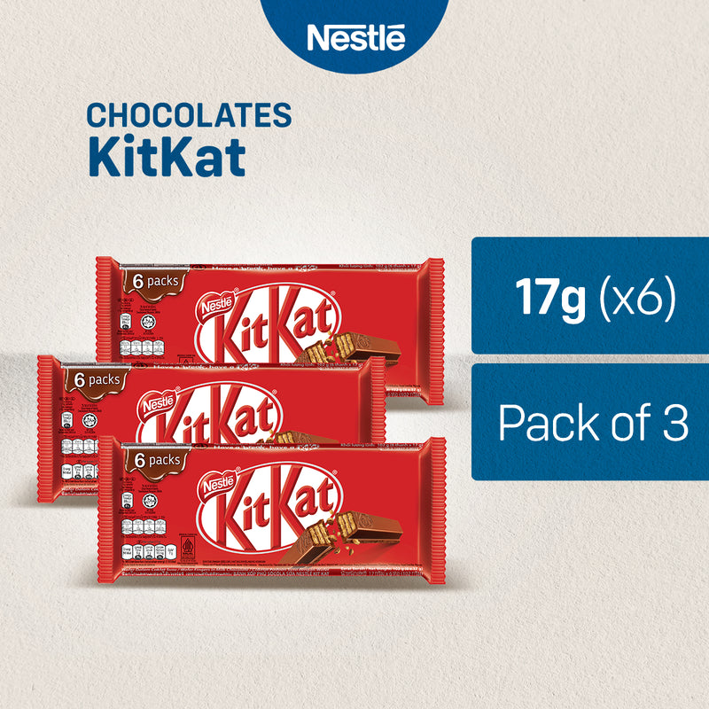 KITKAT 2 Finger Milk Chocolate Bar Flowrap 6-Pack 17g - Pack of 3