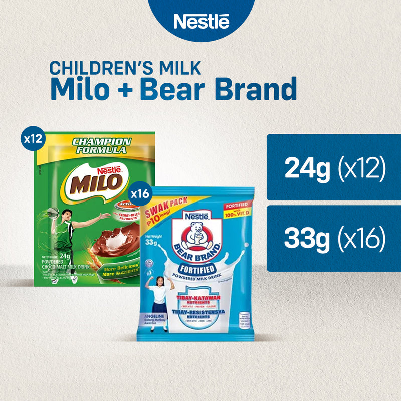 MILO Choco Powdered Milk Drink 24g - Pack of 12 and BEAR BRAND Powdered Milk Drink 33g - Pack of 16