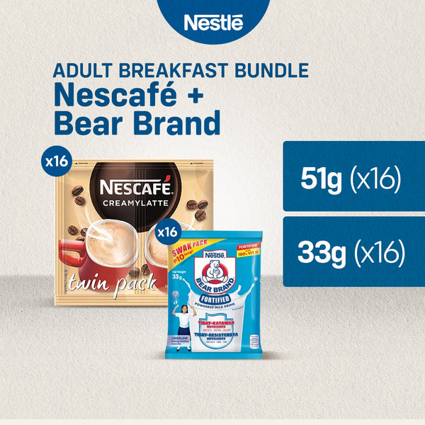NESCAFÉ Creamy Latte 3-in-1 Coffee Twin Pack 51g - Pack of 16 + BEAR BRAND 33g - SWAK Pack of 16