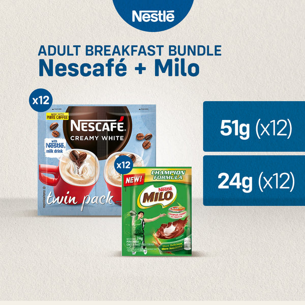 NESCAFE Creamy White 3-in-1 Coffee Twin Pack 51g - Pack of 12 + MILO Powdered Choco 24g - Pack of 12
