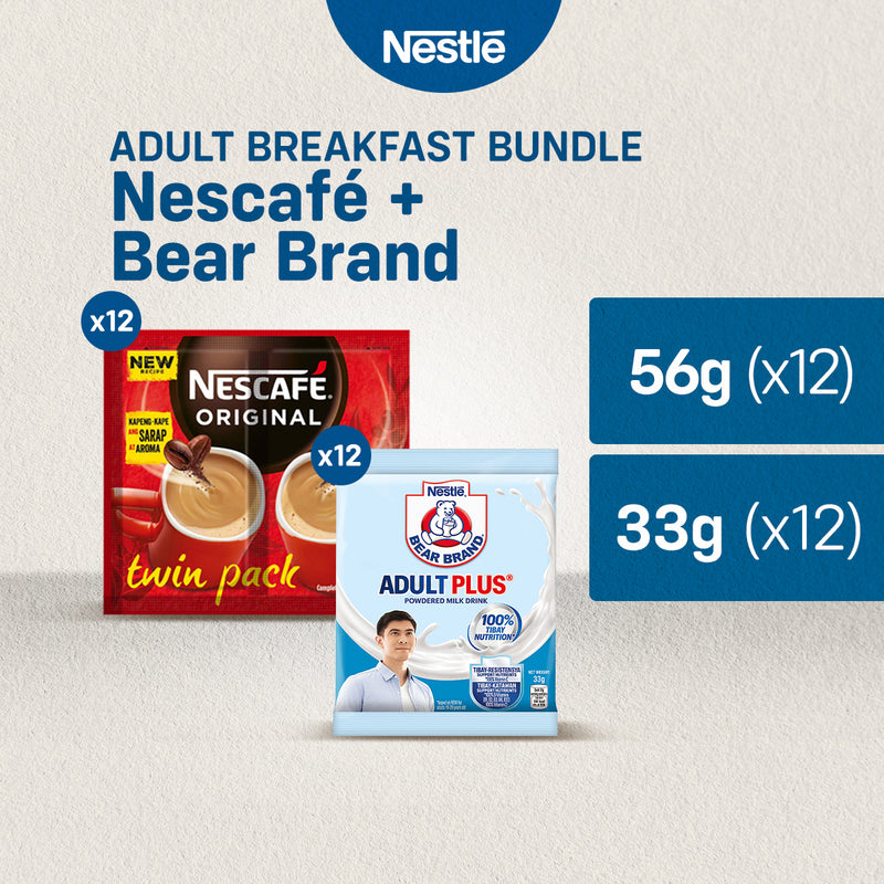 NESCAFÉ Original 3-in-1 Coffee Twin Pack 56g - Pack of 12 + BEAR BRAND Adult Plus 33g - Pack of 12