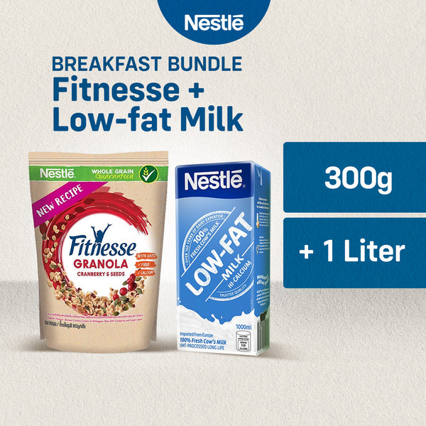NESTLE Fitnesse Granola Cranberry and Pumpkin Seeds Breakfast Cereal 300g and NESTLÉ Low-Fat Milk 1L