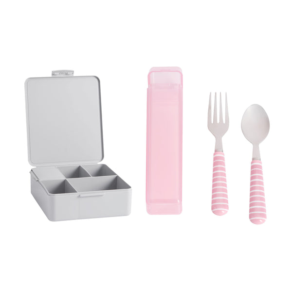[NOT FOR SALE] Square Gray Bento Box + Utensils with Carrying Case Light Pink