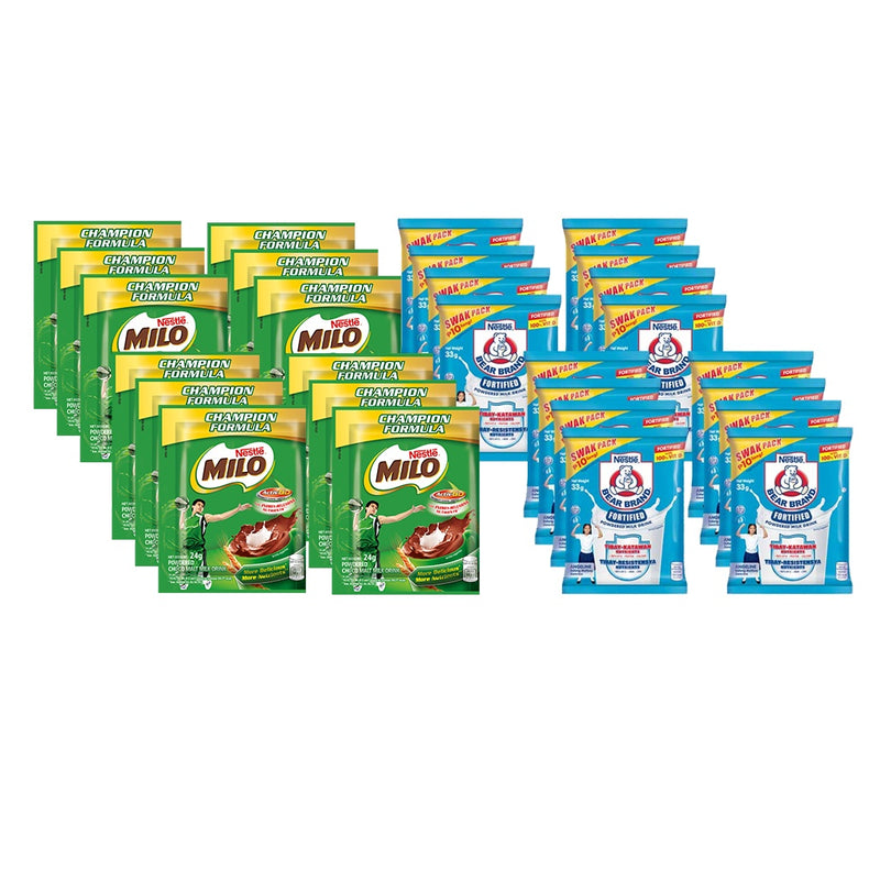 MILO Choco Powdered Milk Drink 24g - Pack of 12 and BEAR BRAND Powdered Milk Drink 33g - Pack of 16