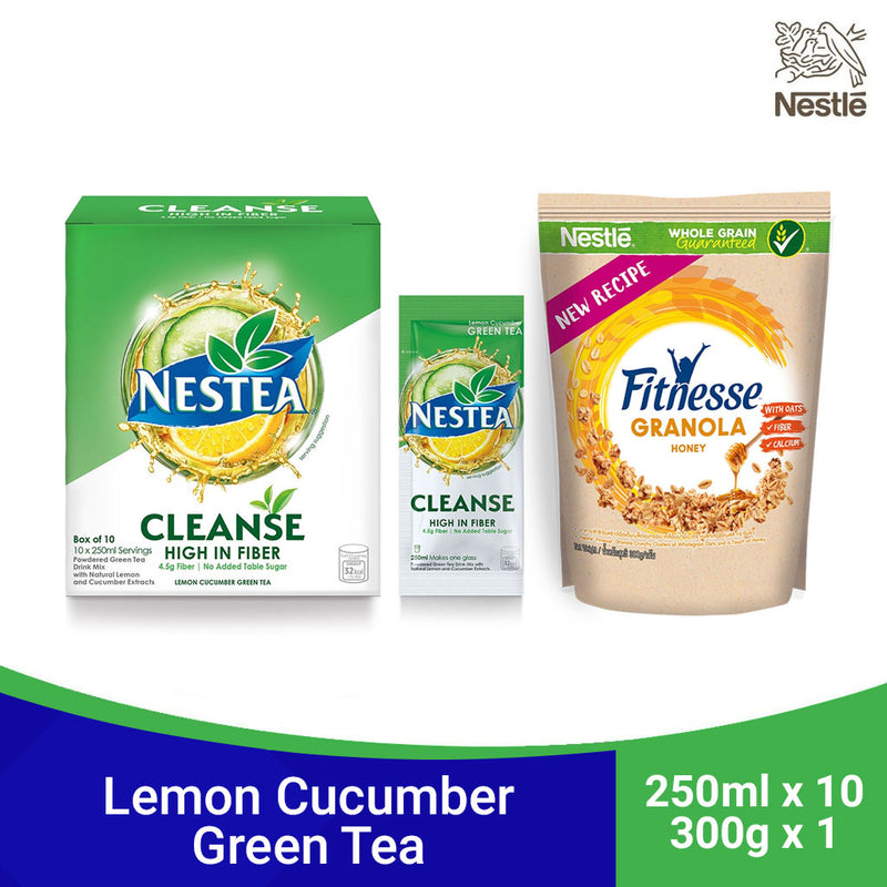 NESTEA Cleanse Powdered Green Tea 250ml - Pack of 10 + Fitnesse Granola Honey Cereal 300g