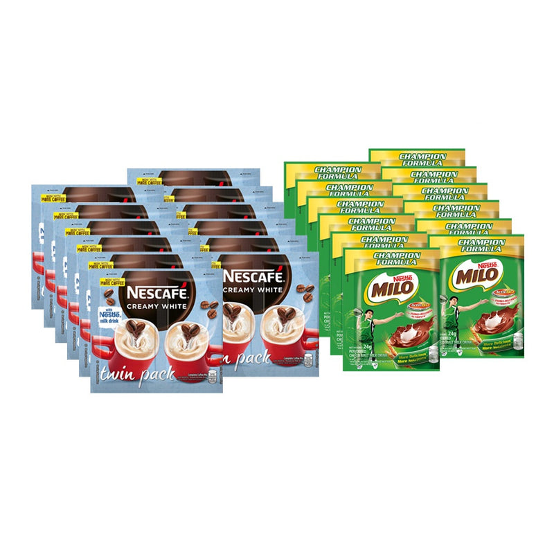 NESCAFÉ Creamy White 3-in-1 Coffee Twin Pack 51g - Pack of 12 + MILO Powdered Choco 24g - Pack of 12