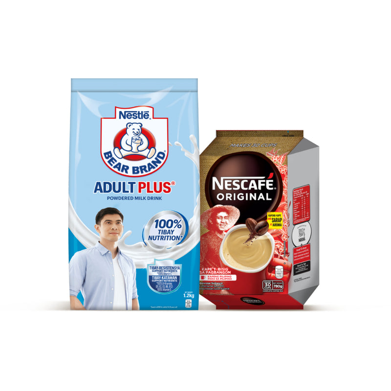 BEAR BRAND Adult Plus Milk Powder 1.2kg and NESCAFÉ Original 3-in-1 Coffee 28g - Pack of 30
