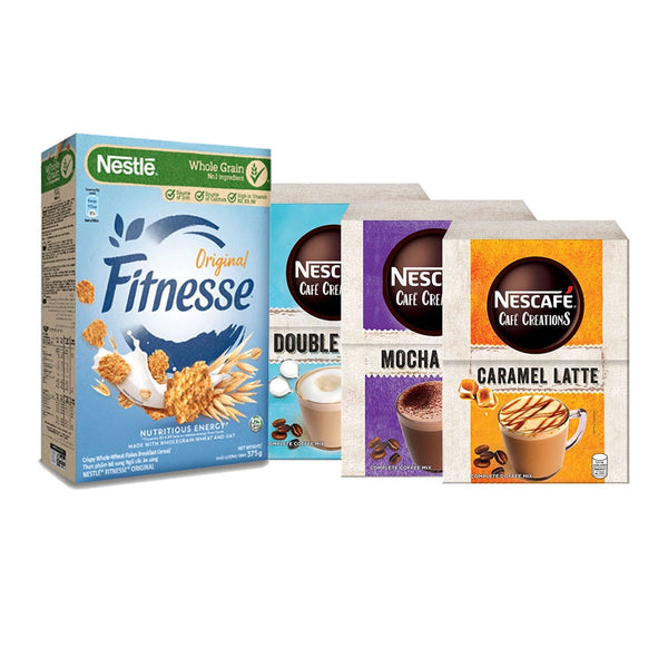NESCAFÉ Cafe Creations Mocha, Caramel, Double Latte Coffee 33g - Pack of 30 + Fitnesse Cereal 375g