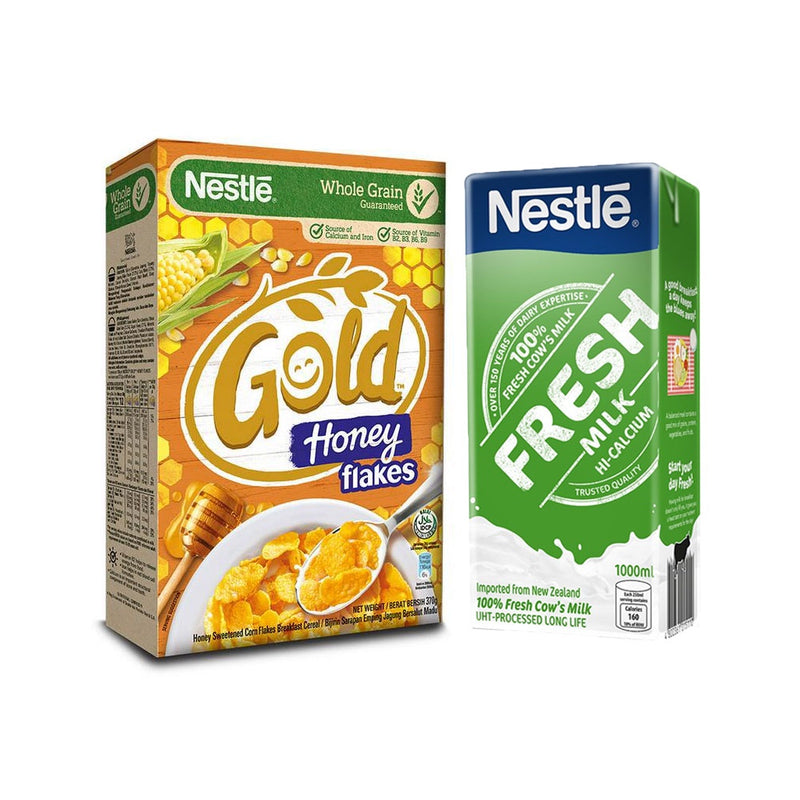 GOLD Honey Flakes Breakfast Cereal 370g and NESTLE Fresh Milk 1L