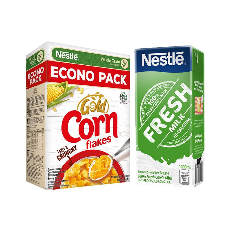 GOLD CORN FLAKES Cereal Breakfast 500g and NESTLE Fresh Milk 1L