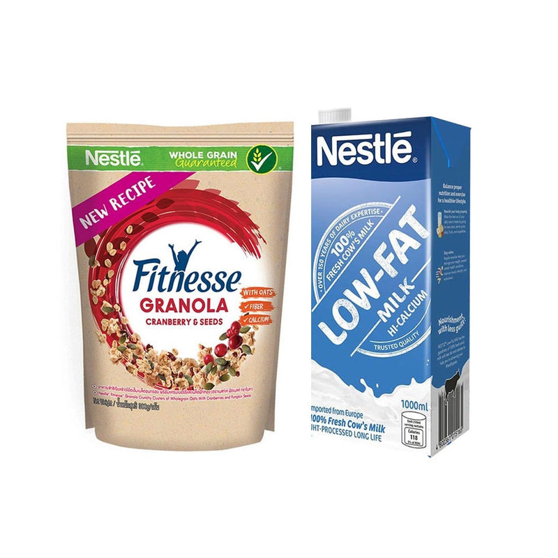 NESTLE Fitnesse Granola Cranberry and Pumpkin Seeds Breakfast Cereal 300g and NESTLÉ Low-Fat Milk 1L