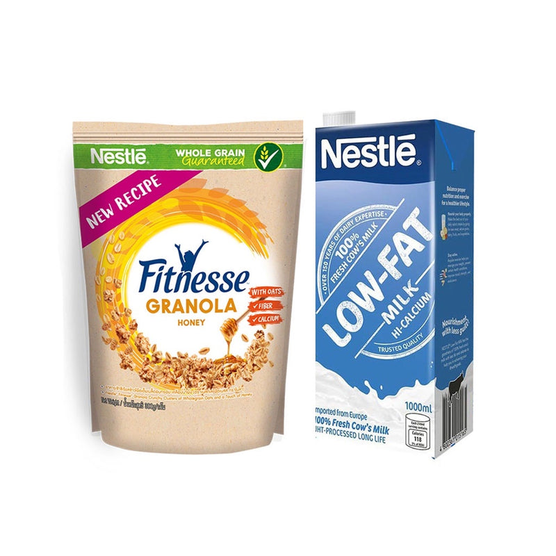 NESTLE Fitnesse Granola Honey Breakfast Cereal 300g and NESTLÉ Low-Fat Milk 1L UHT